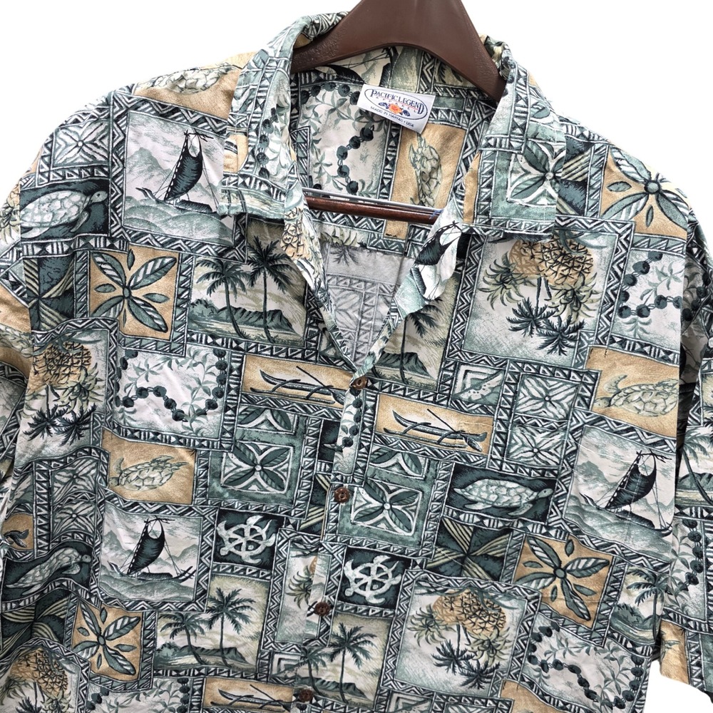 Vtg Pacific Legend Hawaiian Shirt Men XL Green Tan Tropical Sea Turtle Pineapple